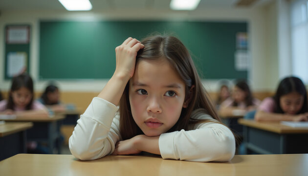 Young Asian girl looking bored in classroom while studying with peers  