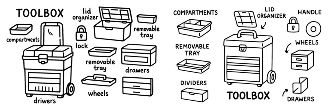 Toolbox icons with drawers tray outline doodle
