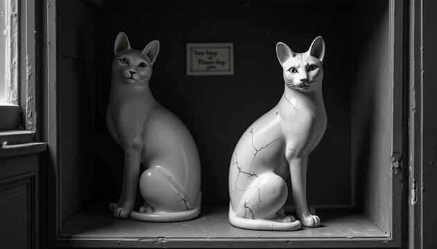 Two ceramic cat figurines sitting in shadowy display cabinet  