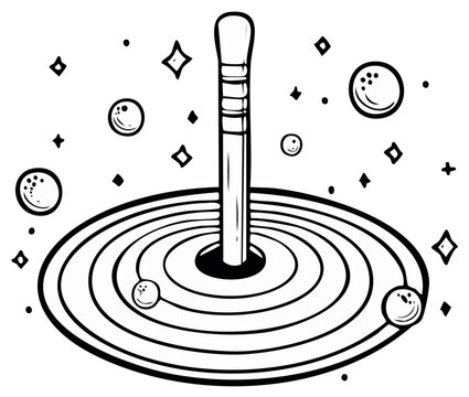 Stylized cartoon black hole swallowing a celestial object with stars and planets in outer space concept