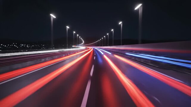 Nighttime highway with light trails ideal for sleek commercial backgrounds and title sequences