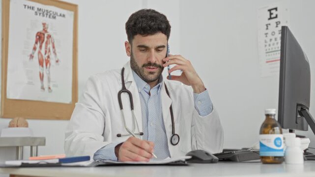 Man in white coat with stethoscope holds smartphone to ear, writes with right hand at desk beside computer and medicine bottle in building; concentration professionalism.
