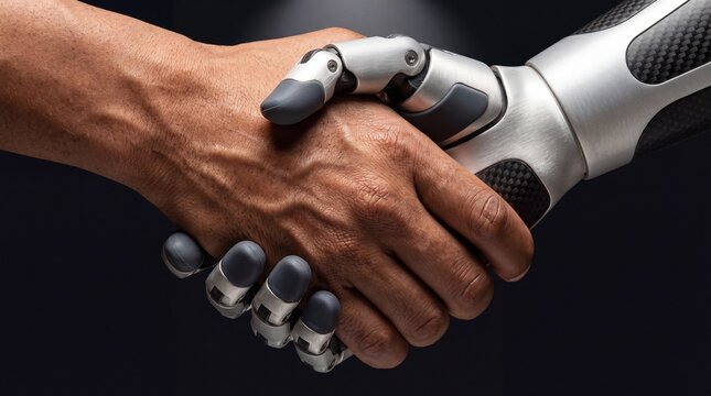 Robot and human hands joining in partnership handshake