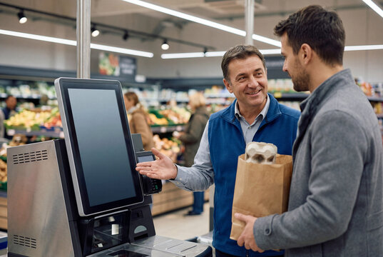 Store employee assisting a customer at a self-checkout kiosk in a modern supermarket. Retail service scene for shopper support, digital checkout, and grocery technology concepts