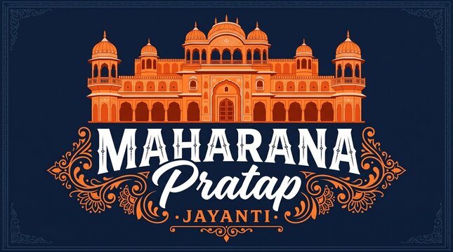 Maharana Pratap Jayanti celebration banner with traditional Indian architecture and ornate decorative frame