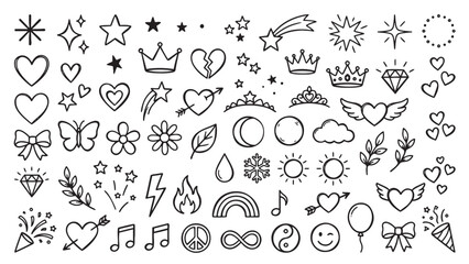Fototapeta premium Decorative hand drawn icons for social media branding and lifestyle blog content to express emotions and enhance visual storytelling for boutique aesthetic graphic design projects