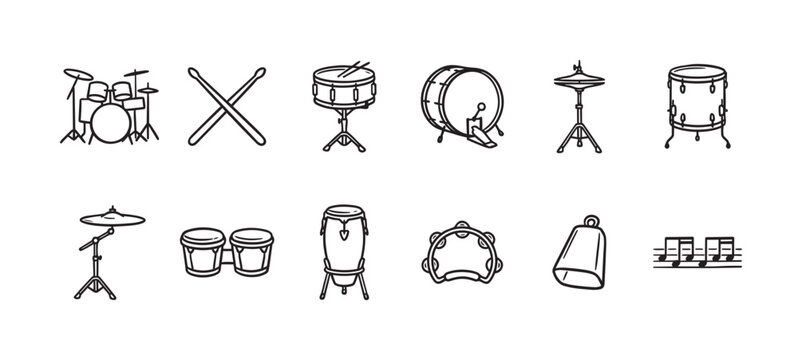 This is a collection of line art illustrations featuring various percussion instruments including a drum set, drumsticks, snare drum, bass drum, cymbals, bongo drums, conga drum, tambourine, cowbell.