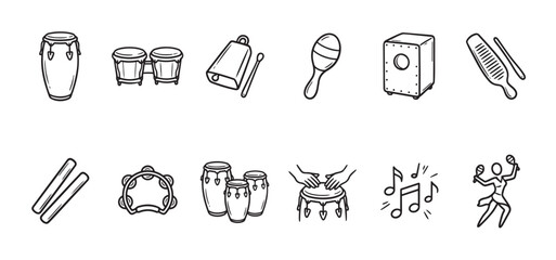 Obraz premium A collection of simple, black and white line drawings depicts various Latin percussion instruments like congas, bongos, and maracas, alongside musical notes and a dancing figure.