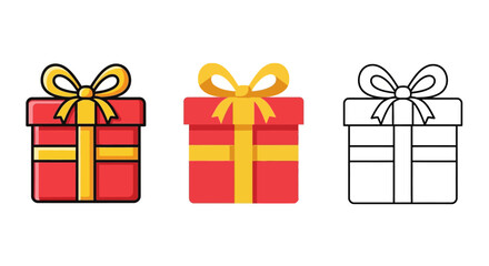 Fototapeta premium Digital vector gift box icons in three styles outline, flat, and detailed color. Perfect for celebrations, holidays, and festive design assets