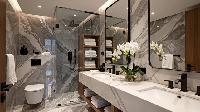 Modern bathroom with marble design highlighting environmental conservation and serenity