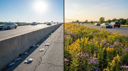 Fototapeta premium Before and after: litter-strewn highway median transformed into a vibrant wildflower habitat.