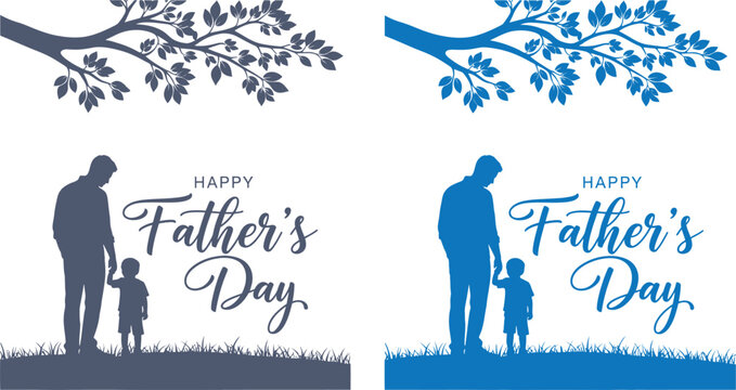 Create a heartwarming "Happy Father's Day" greeting card design. Feature a silhouette of a father and young child standing side-by-side, gazing upwards towards a leafy tree branch overhead. Generate t