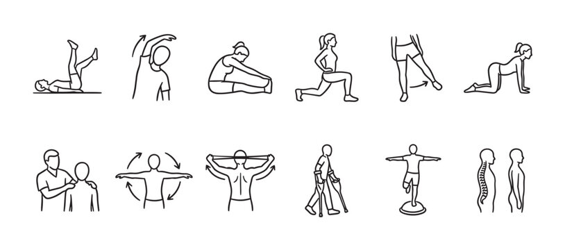 A collection of simple line art icons illustrating various physical exercises, stretches, and rehabilitation movements for a healthy lifestyle.