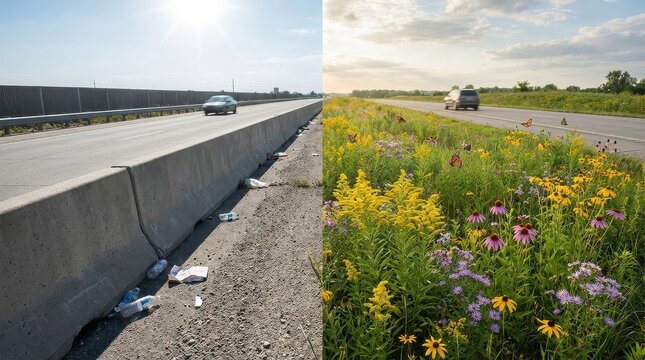 Before and after of a sterile highway median transformed into a vibrant wildflower habitat.