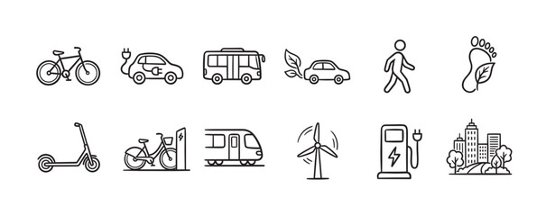 Obraz premium A collection of line art icons representing sustainable transportation and renewable energy sources, ideal for illustrating green initiatives.