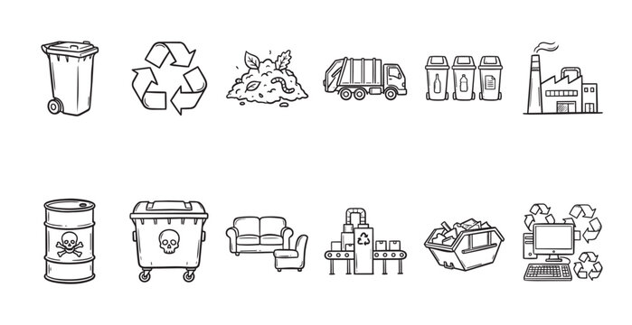 A collection of hand-drawn icons representing various aspects of waste management and recycling, including bins, trucks, factories, and e-waste.