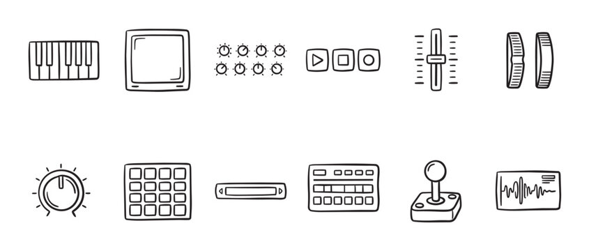 A collection of hand-drawn line art icons representing various music production equipment, including keyboards, controllers, and audio waveforms.