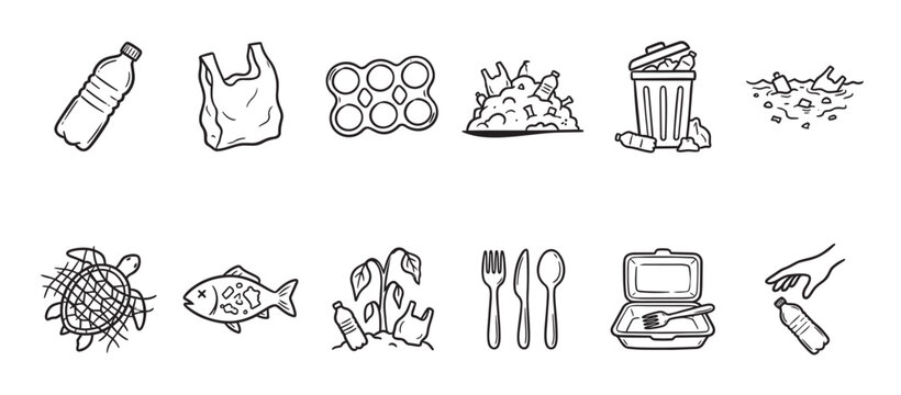This black and white illustration features a series of icons depicting various forms of pollution, including plastic waste, trash cans, and suffering wildlife, to raise awareness.