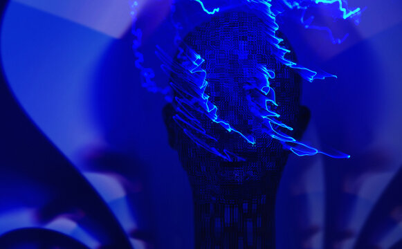 Futuristic artificial intelligence humanoid head with blue neon light