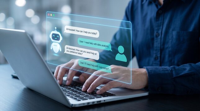 Man typing on laptop with chatbot interface on screen in office setting with blurred background