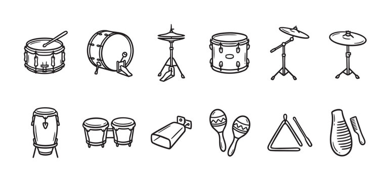 A clean black and white line art illustration featuring a collection of various percussion instruments, including drums, cymbals, maracas, and more, presented as a graphic element.