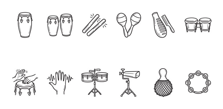 A collection of hand-drawn black and white icons featuring various percussion instruments, perfect for music-related designs and educational content.