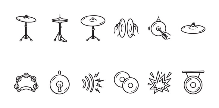 A collection of hand-drawn black and white icons featuring various percussion instruments including cymbals, a tambourine, and a gong.