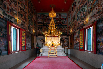 Chachoengsao, Thailand, March 16, 2025, Wat Hong Thong - Ornate shrine hall interior at Wat Hong Thong © Kridsadar