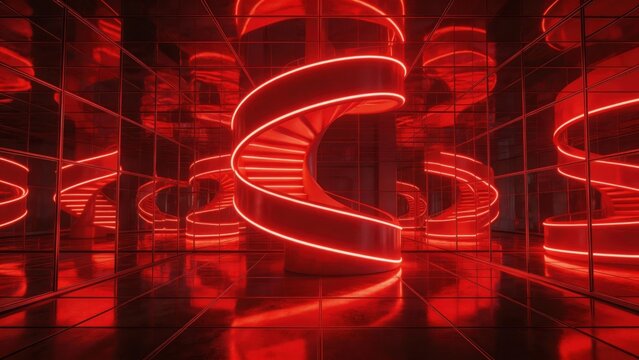 Red neon spiral staircase in mirrored room
