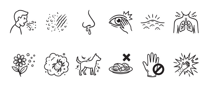 A collection of simple line art icons illustrating common allergy symptoms, causes, and triggers like sneezing, itchy eyes, and animal dander.