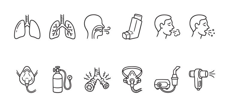 A black and white line art illustration set depicting various icons related to respiratory health, breathing difficulties, and medical treatments for lung conditions.