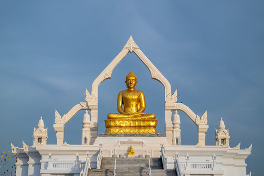 Lopburi, Thailand, April 12, 2025, Puttha Sathan Lopburi Sri Suvarnabhumi - Close view of golden Buddha at Puttha Sathan Lopburi Sri Suvarnabhumi
