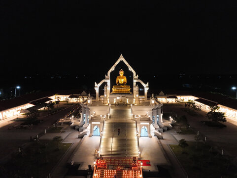 Lopburi, Thailand, April 12, 2025, Puttha Sathan Lopburi Sri Suvarnabhumi - Aerial night view of Buddhist shrine in Lopburi