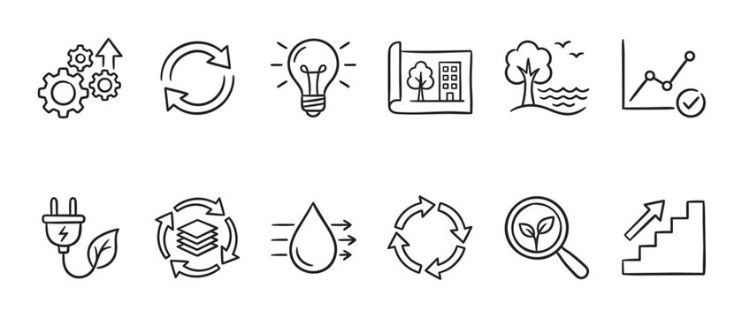 A collection of hand-drawn icons representing concepts like sustainability, innovation, environment, growth, and recycling.