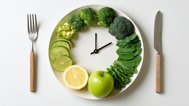 Healthy green food clock with fresh vegetables and fruit on plate for diet time concept