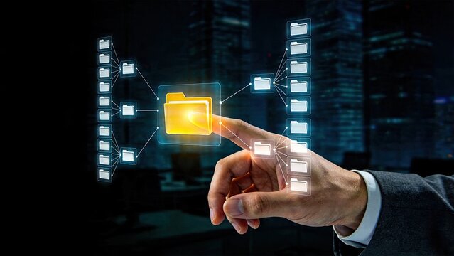 Businessman selecting digital folders cloud storage concept big data organization technology interface futuristic touch screen secure file management corporate networking modern