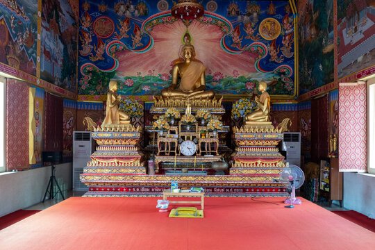Nonthaburi, Thailand, March 15, 2025, Wat Samon Kot - Ornate Buddha altar at Wat Samon Kot