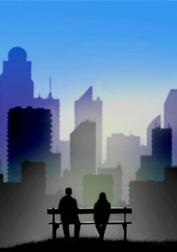 Couple sitting on a bench looking at the city skyline