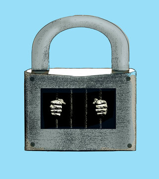Illustration of a prisoner trapped behind bars inside a padlock
