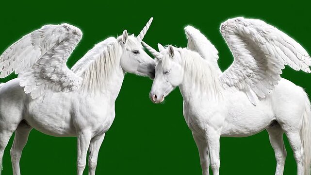 White winged unicorns on green screen fantasy magic pair