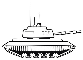 Naklejka premium Black and white illustration of a military tank with a long barrel and antenna.