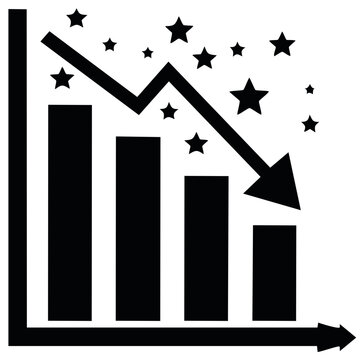 Downward Trend Graph: Columns declining with falling arrow and stars symbolizing decrease and market volatility.