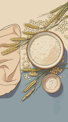 Obraz premium Flat Lay Illustration of Wheat Grains Flour and Table Setting