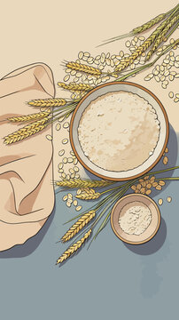Flat Lay Illustration of Wheat Grains Flour and Table Setting