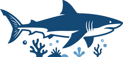 Fototapeta premium Blue shark silhouette swimming above coral reef floor vector can Editable