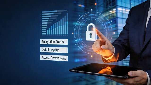 Businessman interacting with holographic security interface displaying encryption status data integrity and access permissions on futuristic tablet device in modern corporate