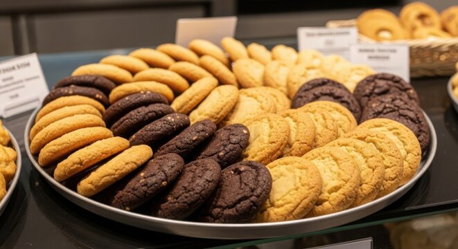 A delightful platter of assorted cookies, featuring both classic chocolate and golden butter varieties, artfully arranged for a tempting display.