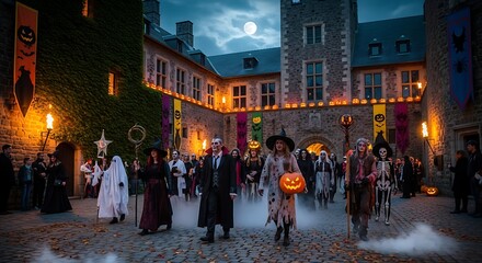 Fototapeta premium Crowd of people in costumes celebrating Halloween at a spooky castle courtyard.
