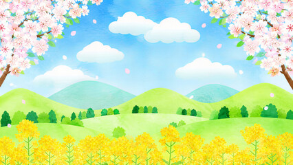 Fototapeta premium anime landscape with watercolor spring scenery and blooming cherry blossoms and rapeseed flowers