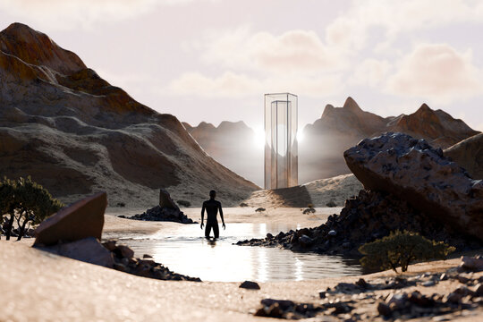 Surreal 3D landscape with silhouette in water facing a portal